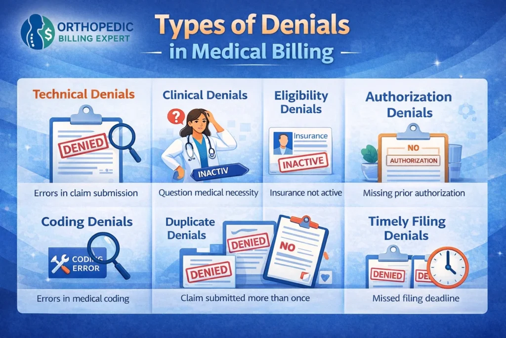 types of denial management
technical denials
clinical denials
coding denials